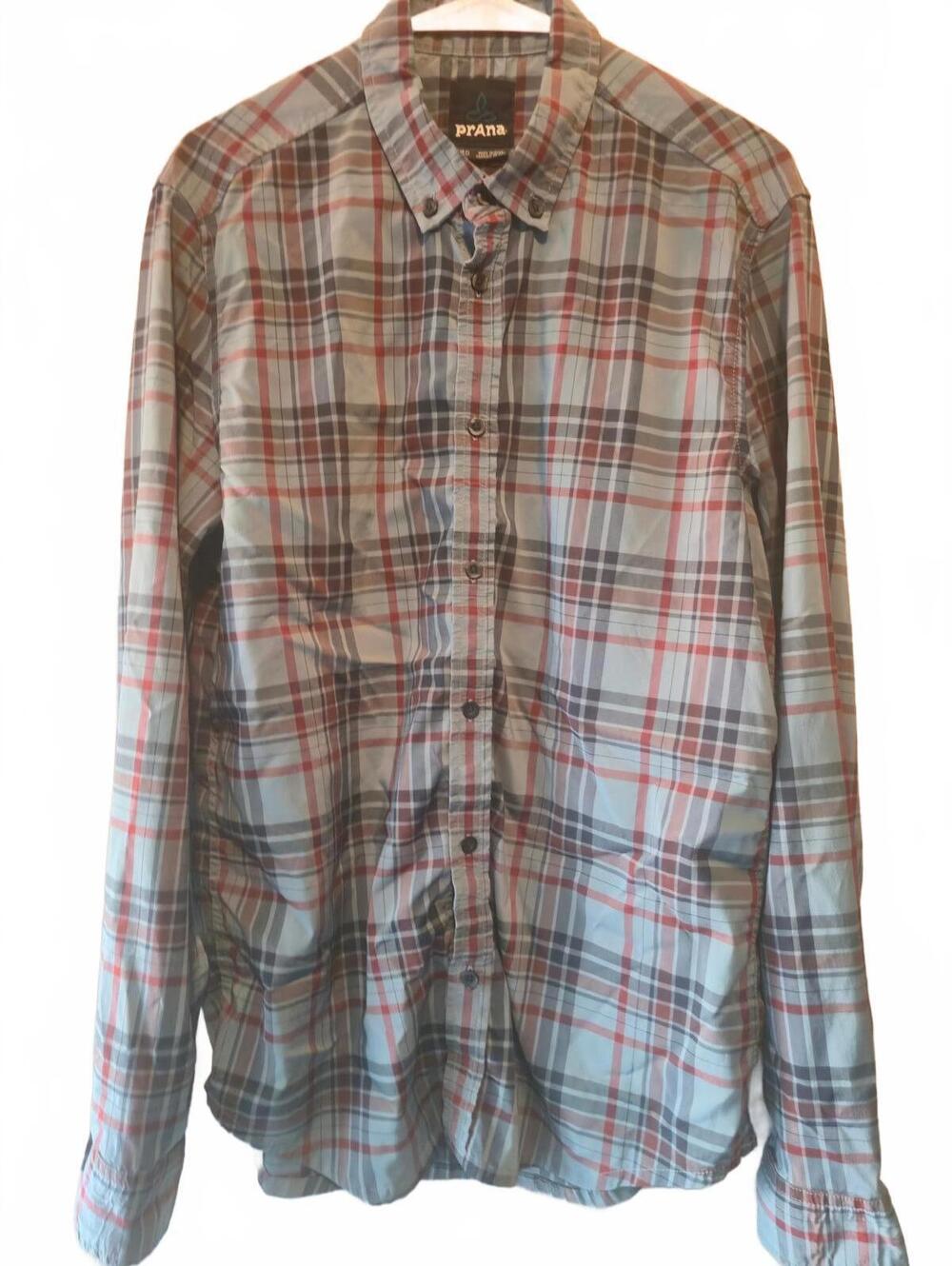 Prana BLUE RED Plaid LONG SLEEVE Button-Up MENS Shirt SIZE MEDIUM